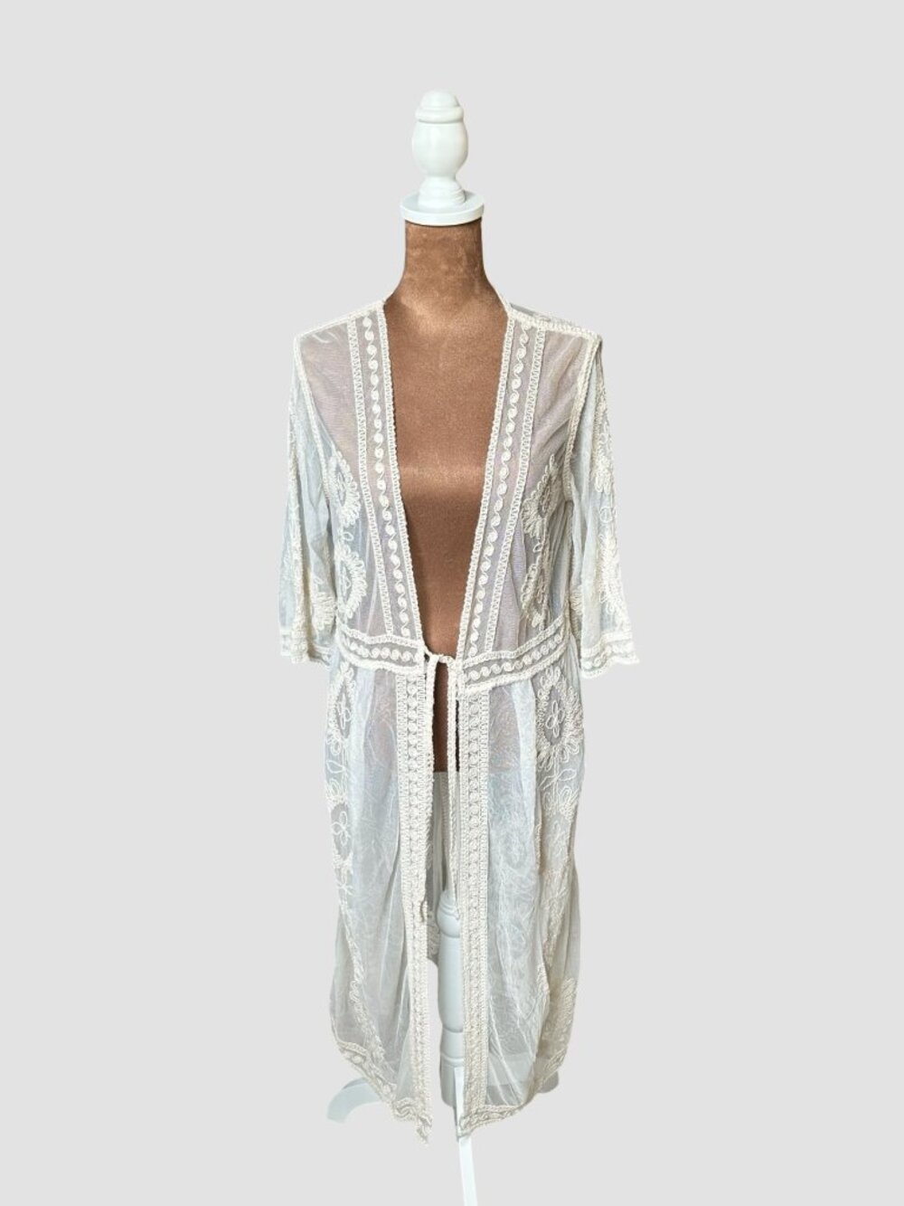 Forgotten Grace Cream Lace Duster Kimono Boho Fairy Sheer Open Front Tunic M